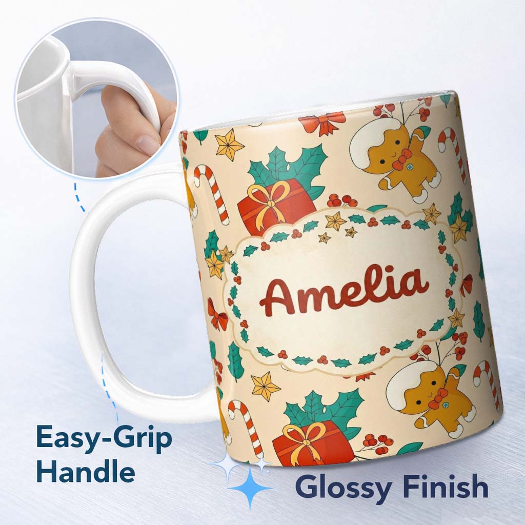 Personalized Custom Name Cute Gingerbread Candy Cane Gift Seamless Pattern Design Sweet 11oz Ceramic Coffee Tea Mug White Large Handle