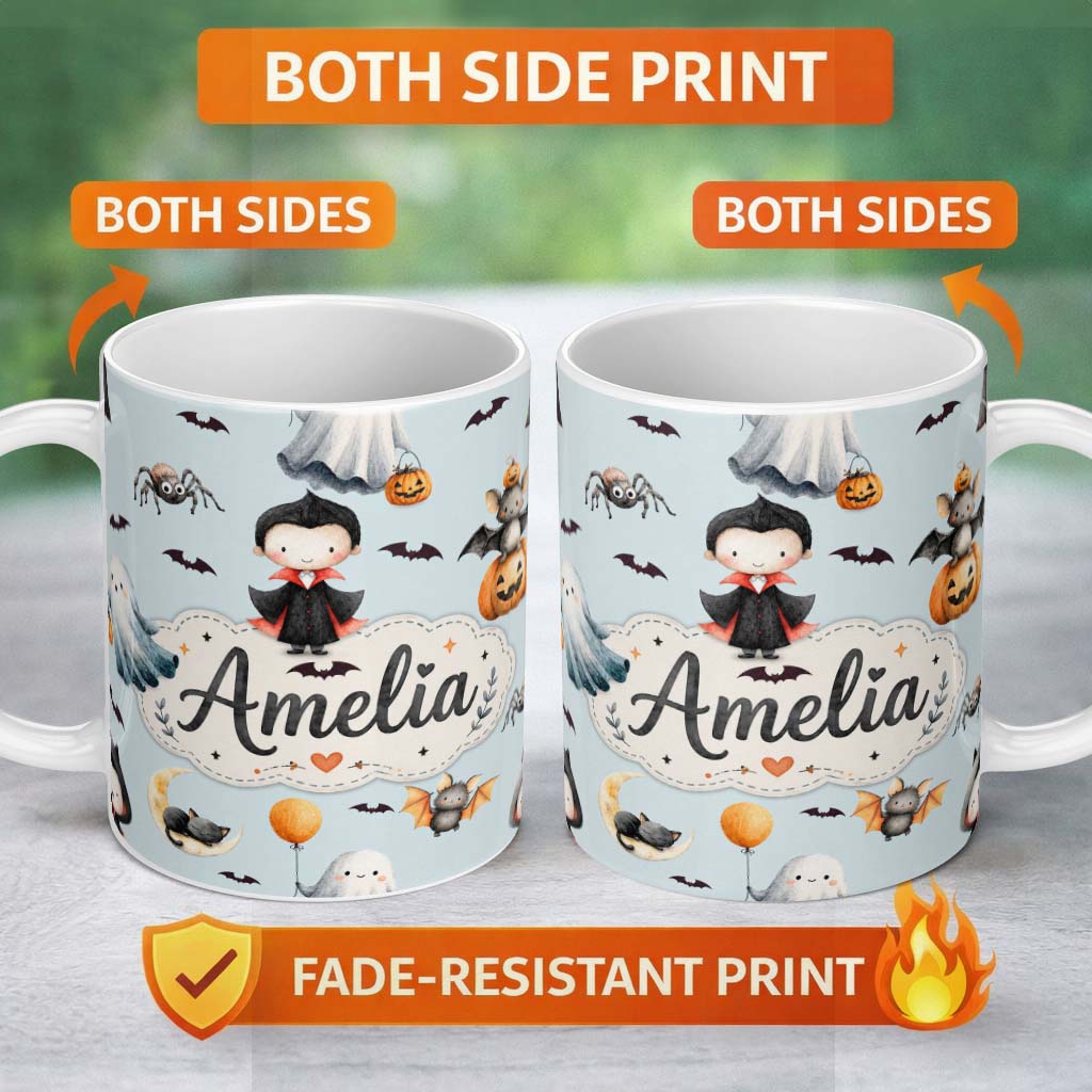 Personalized Custom Name Halloween Vampire Ghost Bats Spooky Characters Pale Blue Seamless 11oz Ceramic Coffee Tea Mug White Large Handle