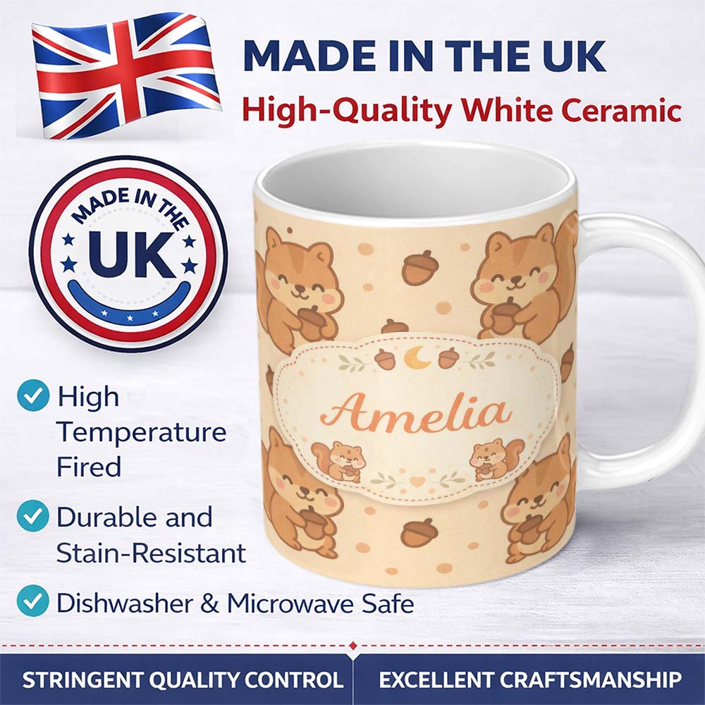 Personalized Custom Name Cute Squirrel Acorn Cartoon Animal Pattern Perfect Gift for Her 11oz Ceramic Coffee Tea Mug White Large Handle