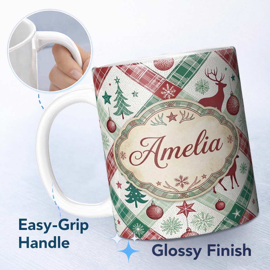 Personalized Custom Name Blue Background Cute Santa Christmas Seamless Pattern Lovely 11oz Ceramic Coffee Tea Mug White Large Handle