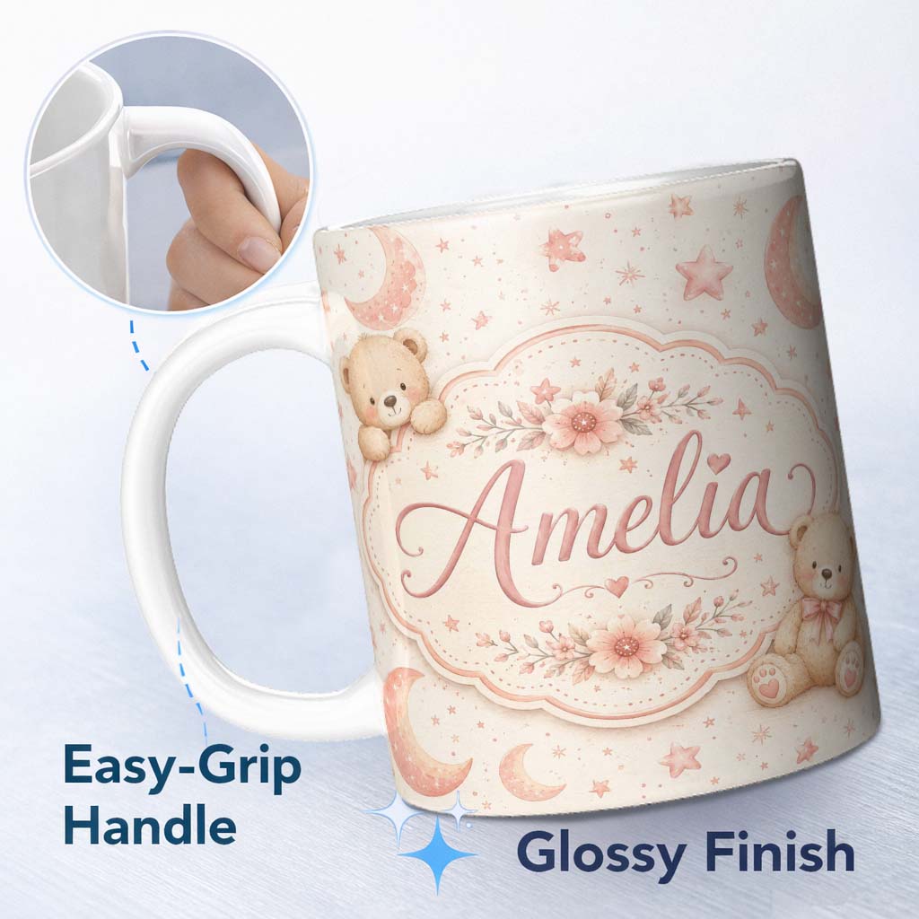 Personalized Custom Name Soft Pink Crescent Moon and Stars Minimal Seamless Pattern Lovely 11oz Ceramic Coffee Tea Mug White Large Handle