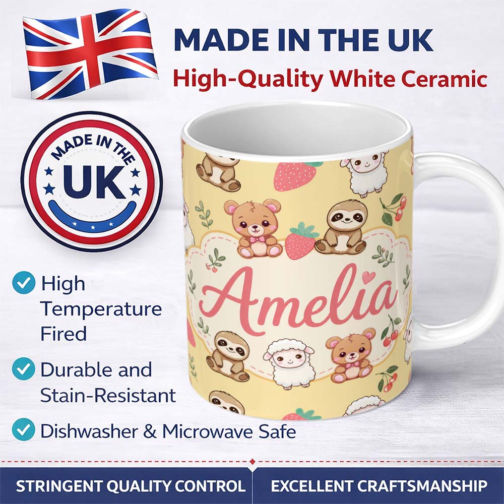 Personalized Custom Name Cute Baby Animals Bear Sheep Sloth Strawberry Cherry Yellow Lovely 11oz Ceramic Coffee Tea Mug White Large Handle