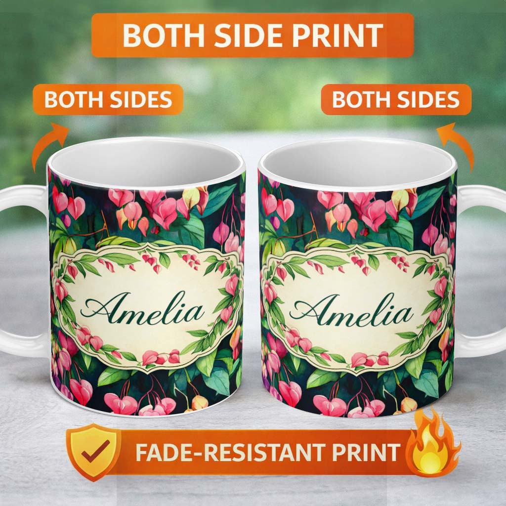 Personalized Custom Name Pink Bleeding Heart Flowers Botanical Watercolor Floral Pattern 11oz Ceramic Coffee Tea Mug White Large Handle