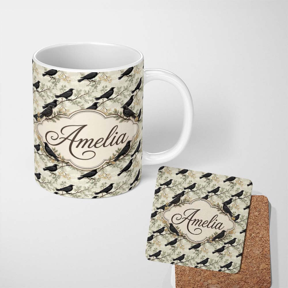 Personalized Custom Name Black Crow Birds on Branch Minimal Seamless Pattern Cute Unique Gift 11oz Ceramic Coffee Tea Mug White Large Handle