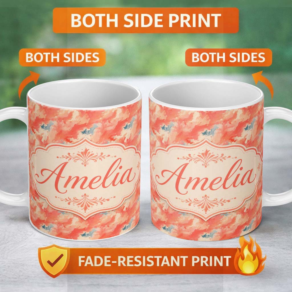 Personalized Custom Name Abstract Coral and Cream Fluid Art Seamless Pattern with Soft Blue 11oz Ceramic Coffee Tea Mug White Large Handle