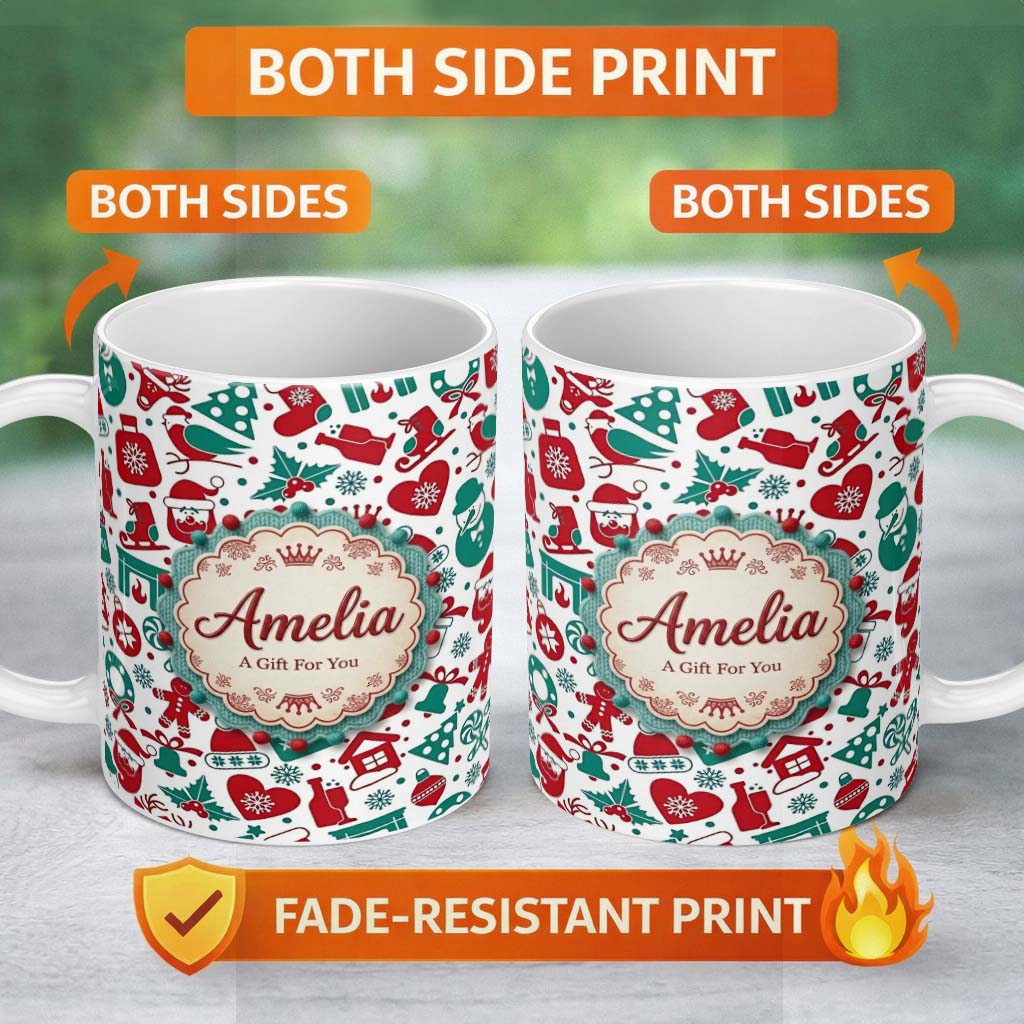 Personalized Custom Name Festive Christmas Santa Gift Snowman Tree Seamless Pattern Lovely 11oz Ceramic Coffee Tea Mug White Large Handle