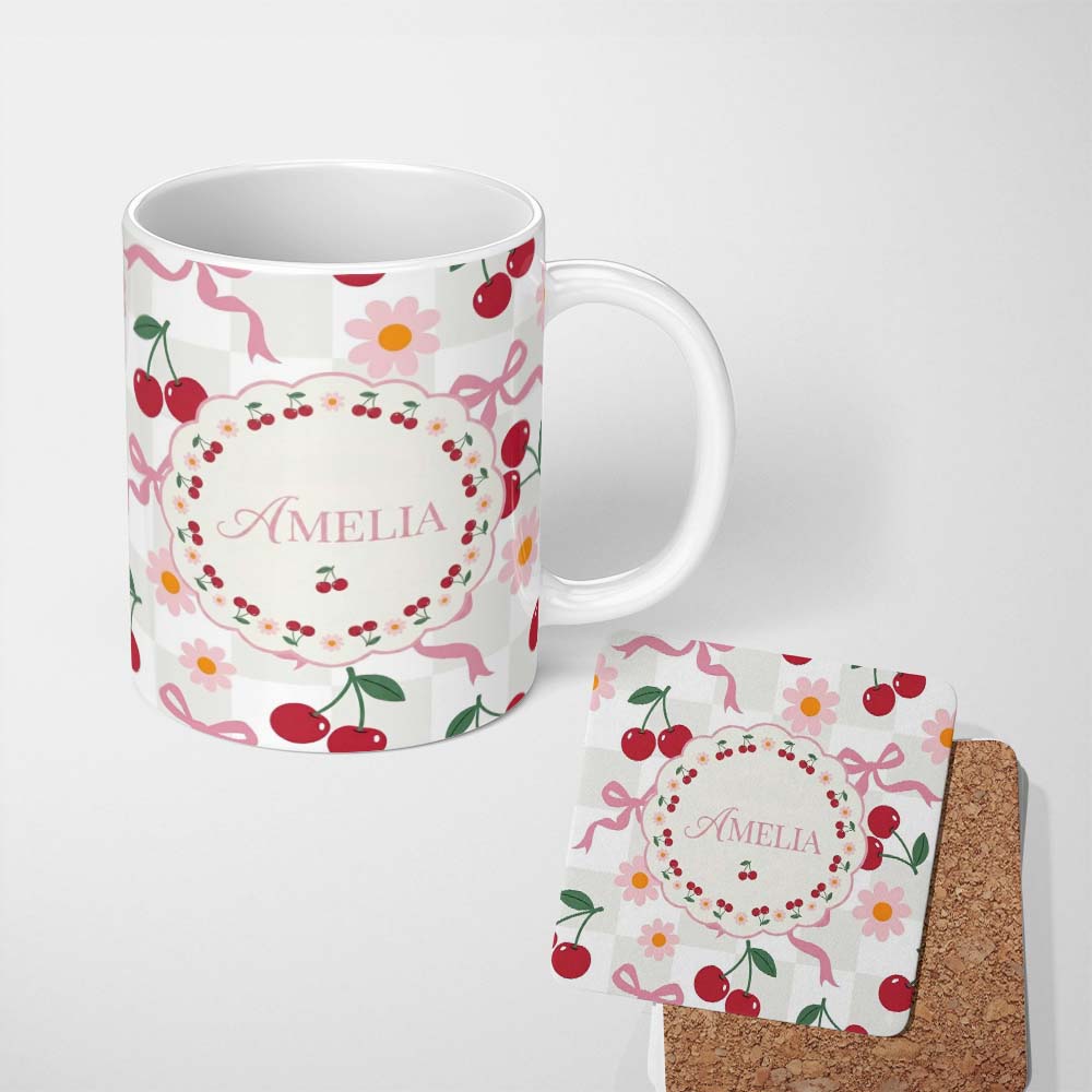 Personalized Custom Name Cute Cherry Bow and Daisy Grey Gingham Seamless Pattern Lovely 11oz Ceramic Coffee Tea Mug White Large Handle
