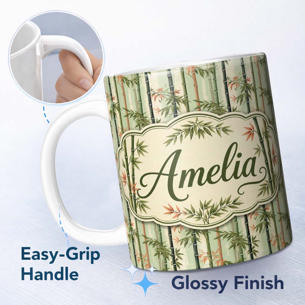 Personalized Custom Name Soft Bamboo Stems with Delicate Leaves Pastel Background Seamless 11oz Ceramic Coffee Tea Mug White Large Handle