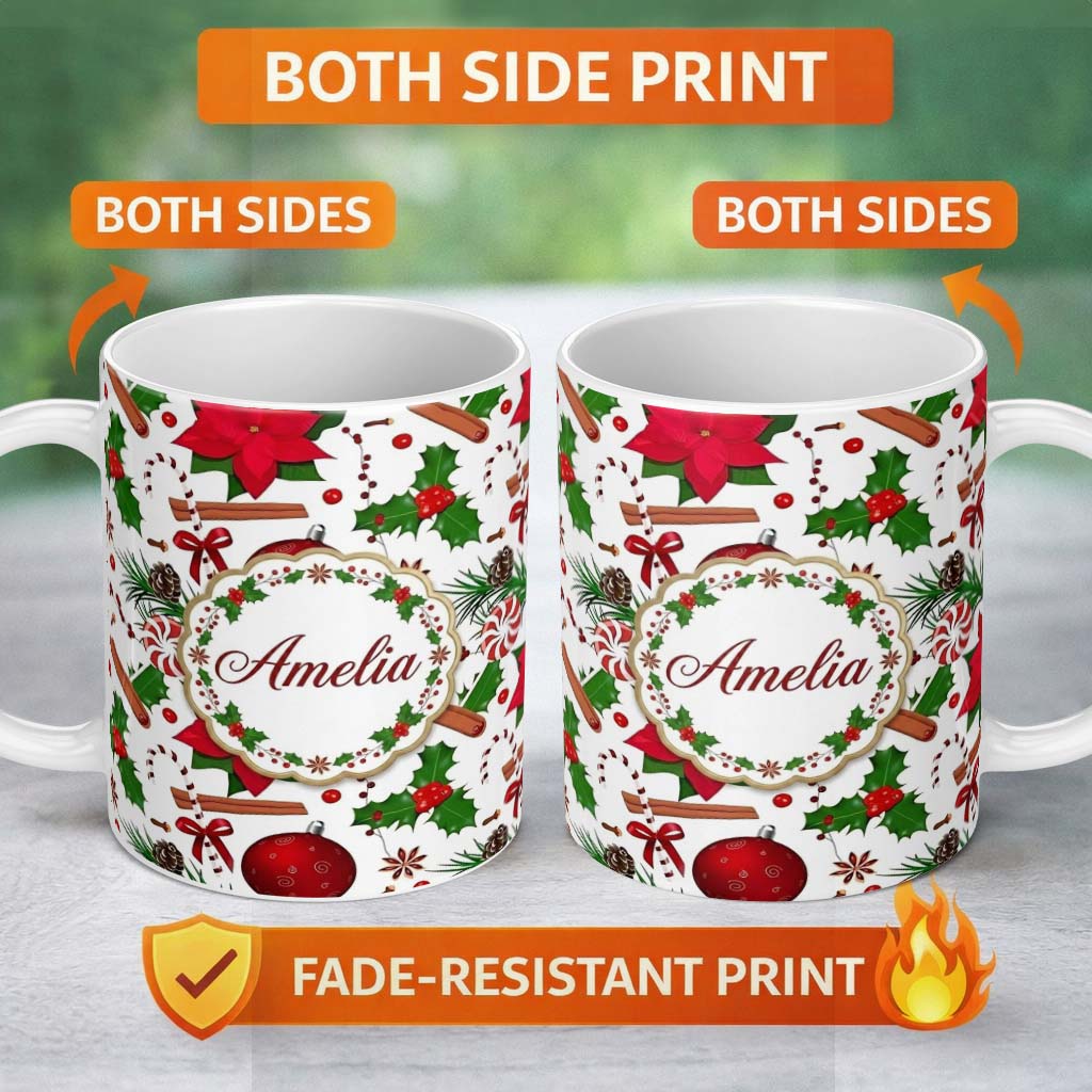 Personalized Custom Name Christmas Poinsettia Candy Cane Holly Berry Ornament Seamless Lovely 11oz Ceramic Coffee Tea Mug White Large Handle