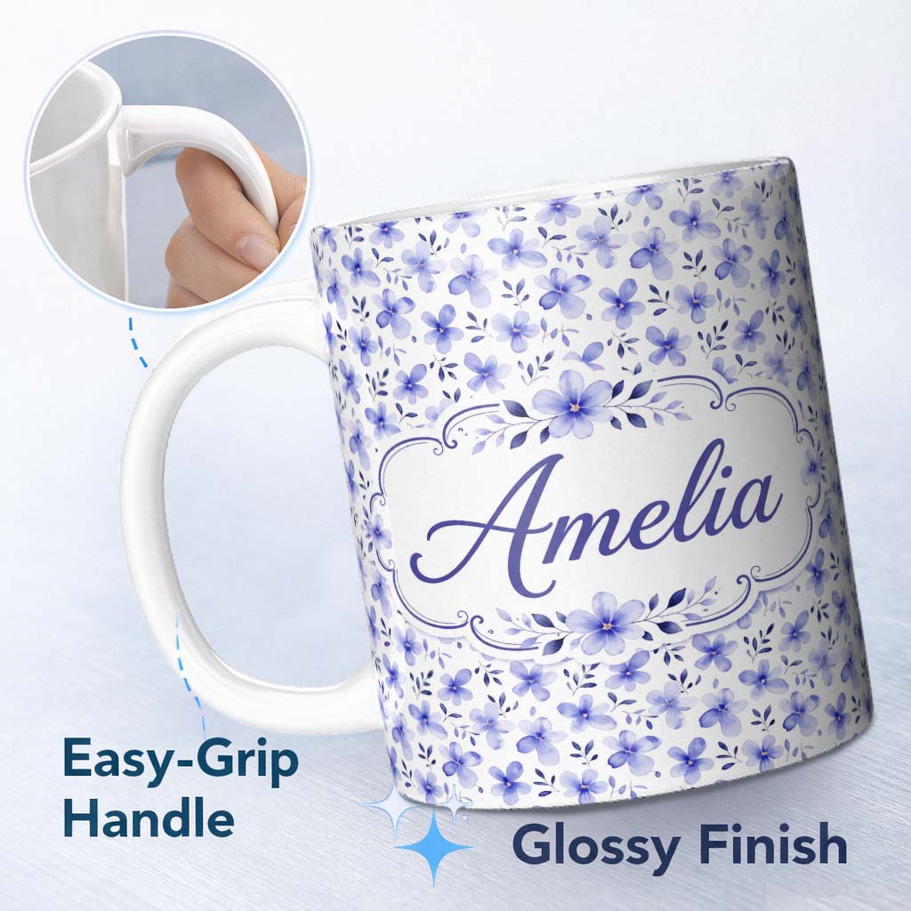 Personalized Custom Name Soft Blue Watercolor Floral Seamless Pattern Delicate Botanical 11oz Ceramic Coffee Tea Mug White Large Handle
