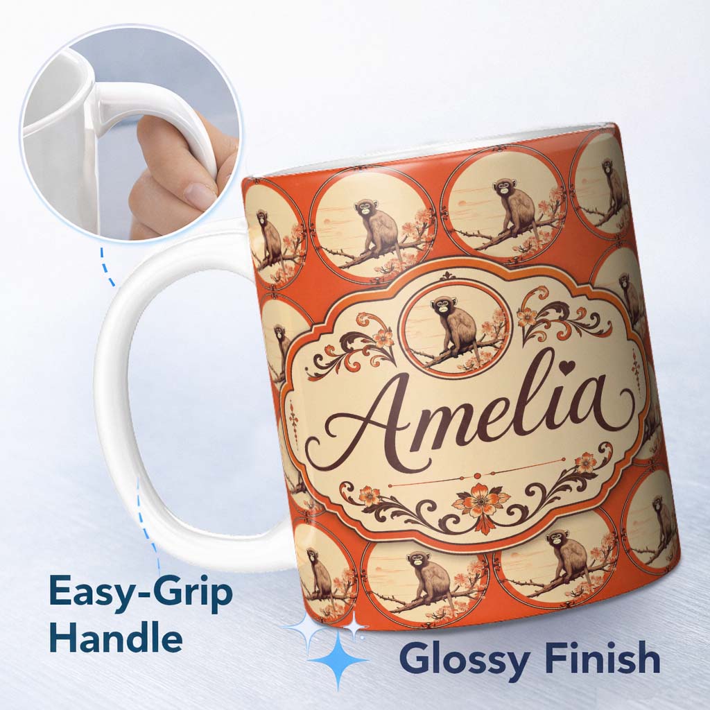 Personalized Custom Name Minimalist Monkey on Branch Circular Frame Pattern in Warm Red Tones 11oz Ceramic Coffee Tea Mug White Large Handle