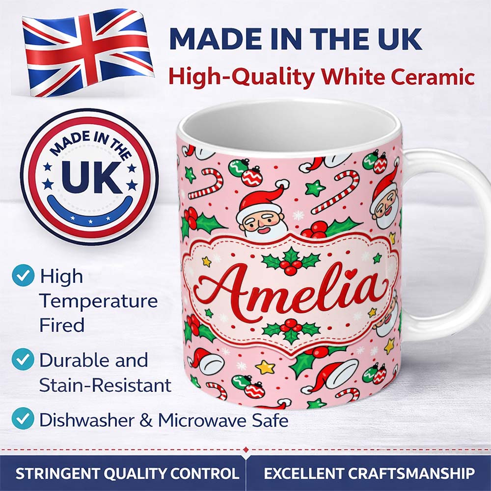 Personalized Custom Name Cute Santa Face Hats Candy Cane Pink Seamless Pattern Lovely 11oz Ceramic Coffee Tea Mug White Large Handle
