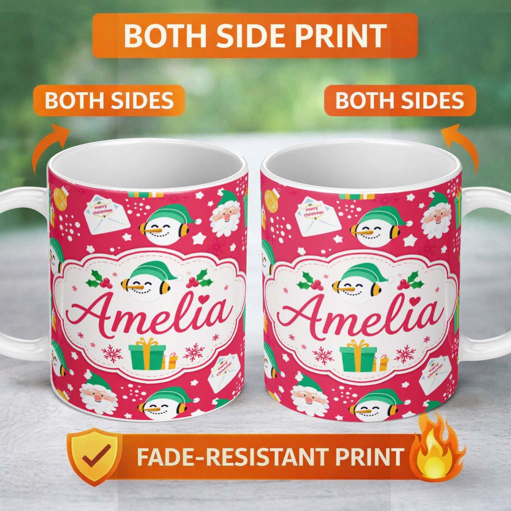 Personalized Custom Name Cute Santa Snowman Letter Gift Seamless Pattern Thoughtful Gift Idea 11oz Ceramic Coffee Tea Mug White Large Handle