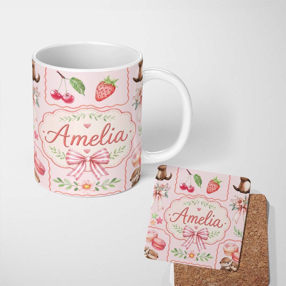 Personalized Custom Name Cute Strawberry Cherry Ribbon Bow Sweet Dessert Pattern Blush Pink 11oz Ceramic Coffee Tea Mug White Large Handle