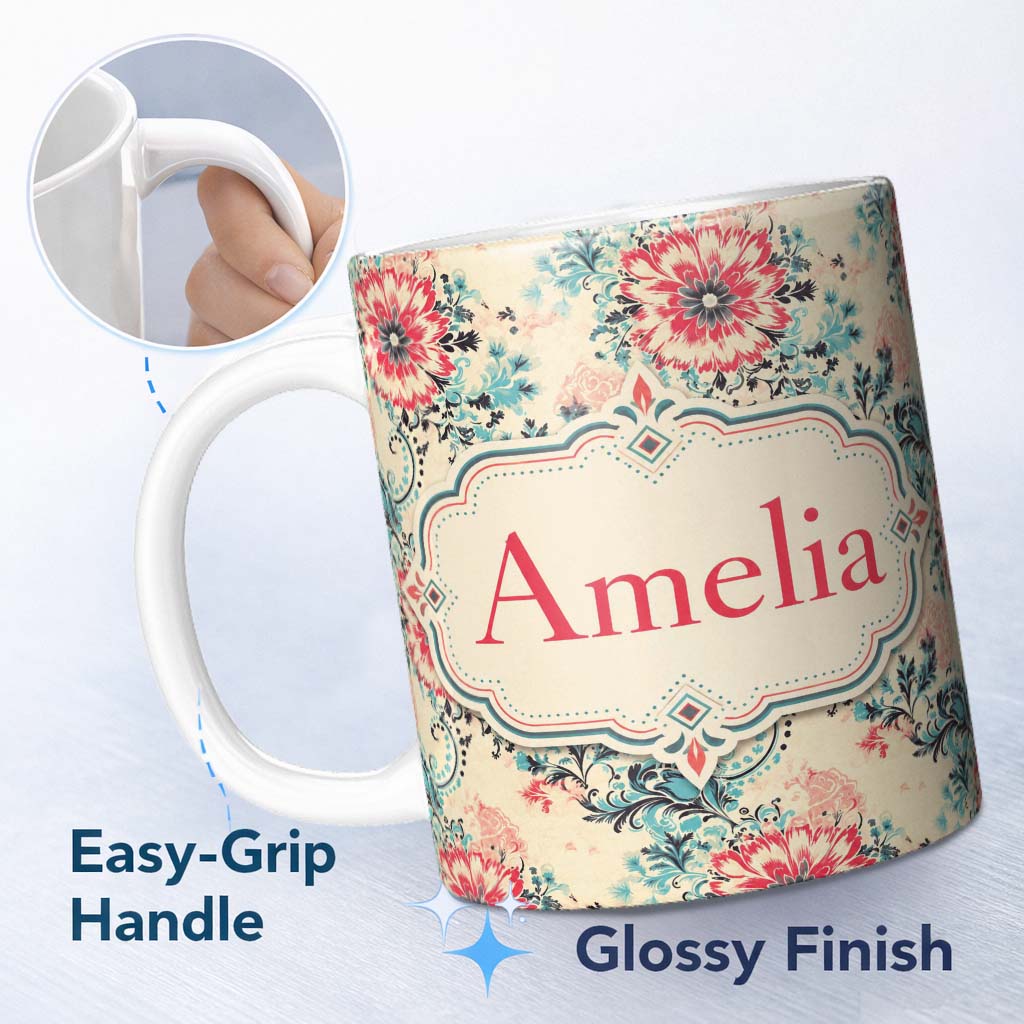Personalized Custom Name Elegant Pink Blue Floral Damask Vintage Seamless Pattern Lovely 11oz Ceramic Coffee Tea Mug White Large Handle