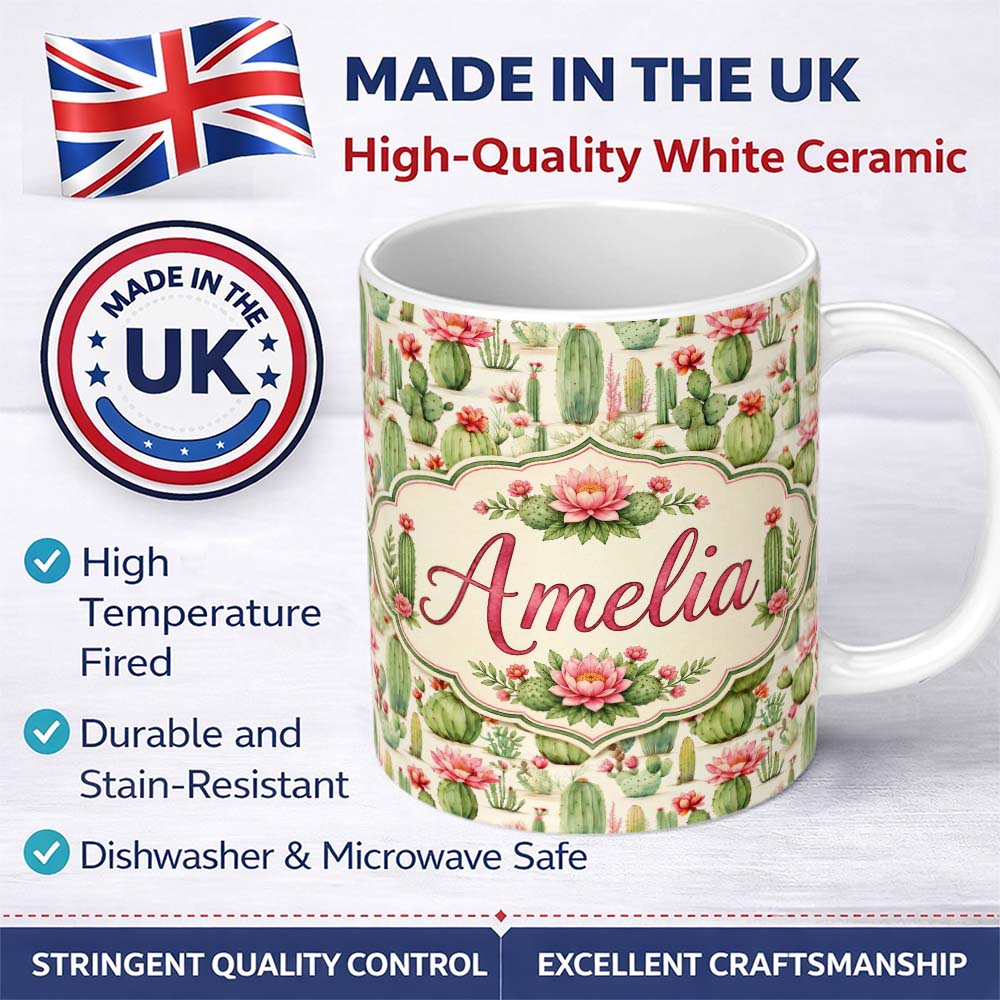 Personalized Custom Name Watercolor Cactus Succulent Garden Soft Pastel Desert Seamless 11oz Ceramic Coffee Tea Mug White Large Handle