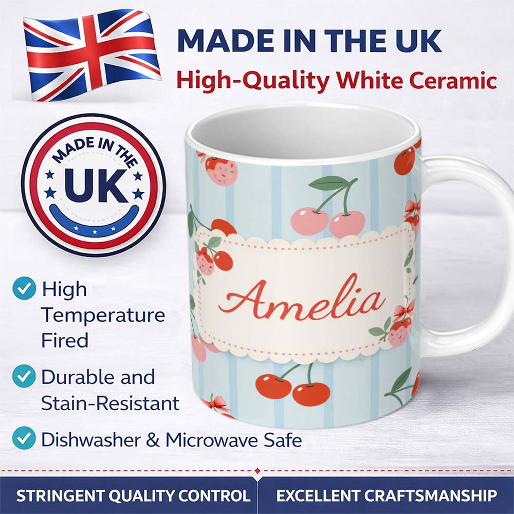 Personalized Custom Name Cherry Fruit Vertical Stripe Blue Background Seamless Pattern Lovely 11oz Ceramic Coffee Tea Mug White Large Handle
