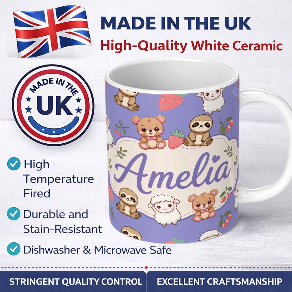 Personalized Custom Name Cute Baby Animals Bear Sheep Sloth Strawberry Cherry Purple Lovely 11oz Ceramic Coffee Tea Mug White Large Handle