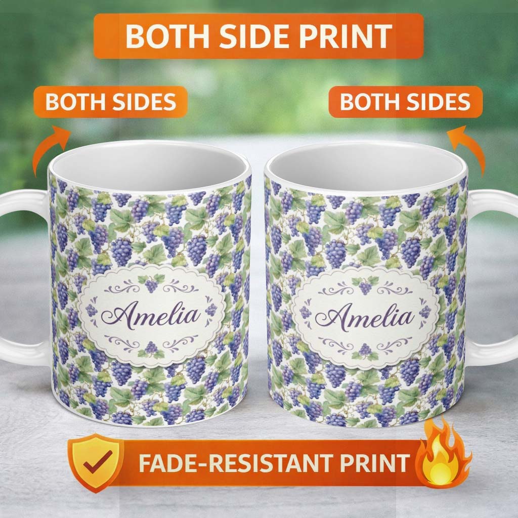 Personalized Custom Name Green and Orange Watercolour Square Abstract Seamless Pattern Lovely 11oz Ceramic Coffee Tea Mug White Large Handle