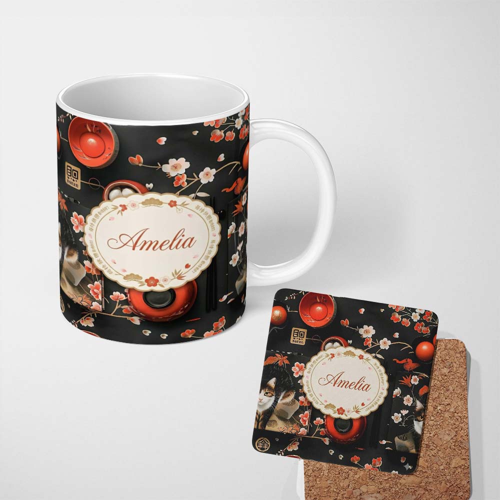 Personalized Custom Name Japanese Dining Table with Cherry Blossoms and Traditional Tableware 11oz Ceramic Coffee Tea Mug White Large Handle