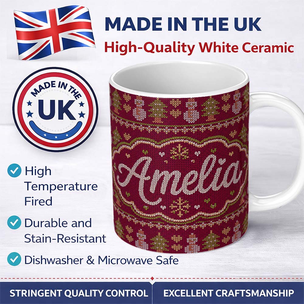Personalized Custom Name Cute Burgundy Christmas Tree Ornament Nordic Knitted Seamless Lovely 11oz Ceramic Coffee Tea Mug White Large Handle