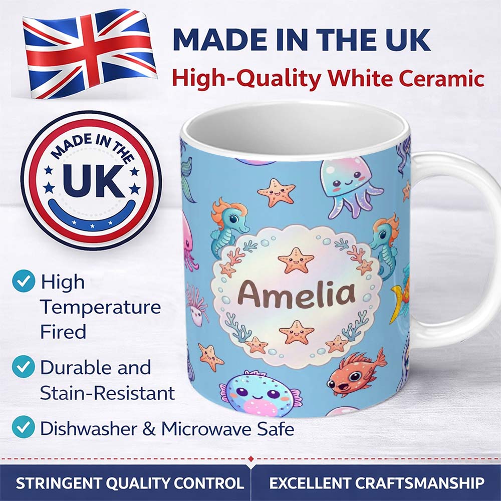 Personalized Custom Name Cute Kawaii Mermaid Seahorse Jellyfish and Starfish Blue Background 11oz Ceramic Coffee Tea Mug White Large Handle