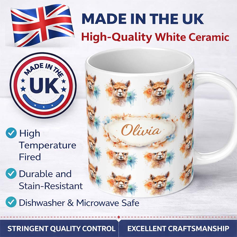 Personalized Custom Name Watercolour Alpaca Pattern Cute Animal Artistic Design Lovely 11oz Ceramic Coffee Tea Mug White Large Handle
