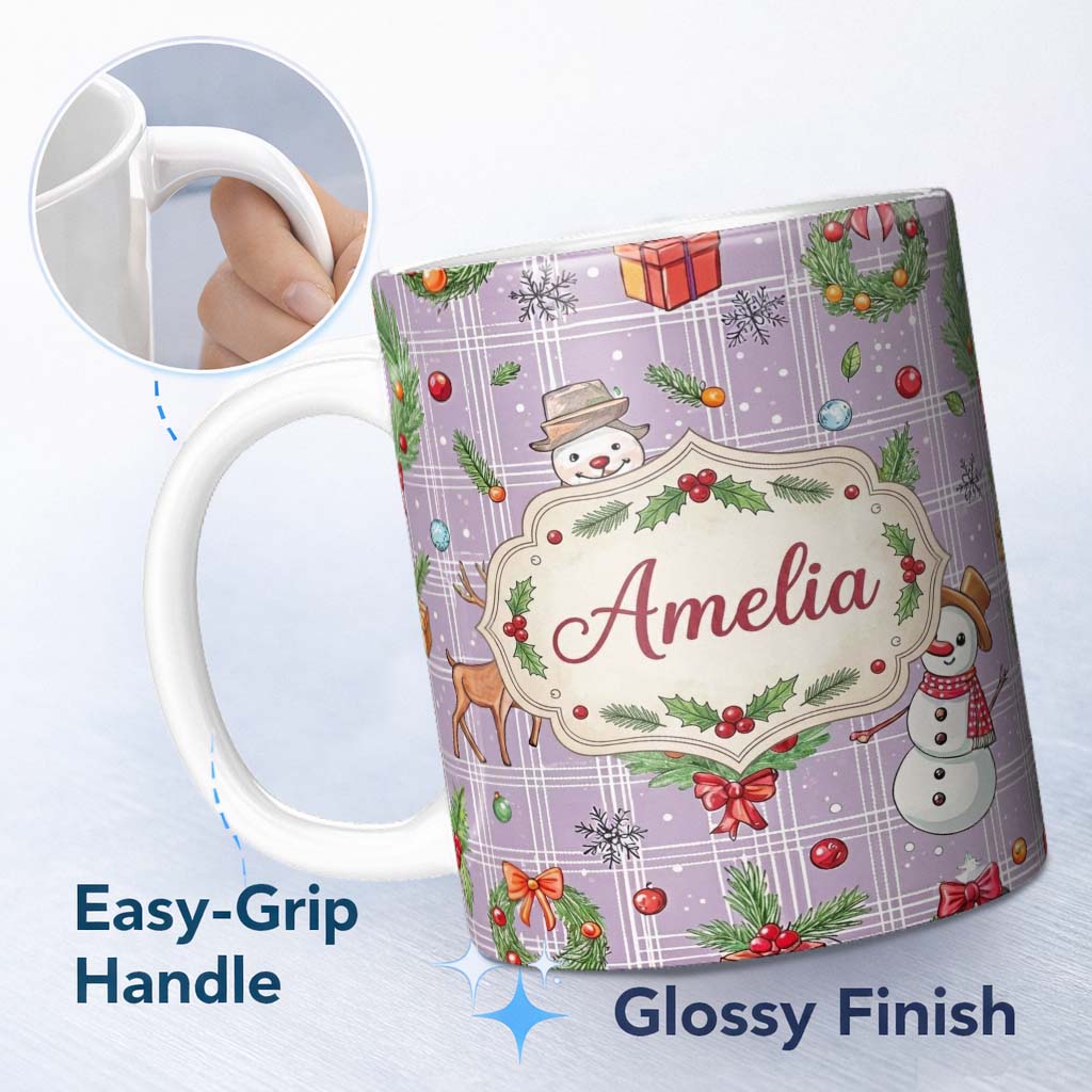 Personalized Custom Name Christmas Plaid Snowman Reindeer Festive Seamless Pattern Lovely 11oz Ceramic Coffee Tea Mug White Large Handle
