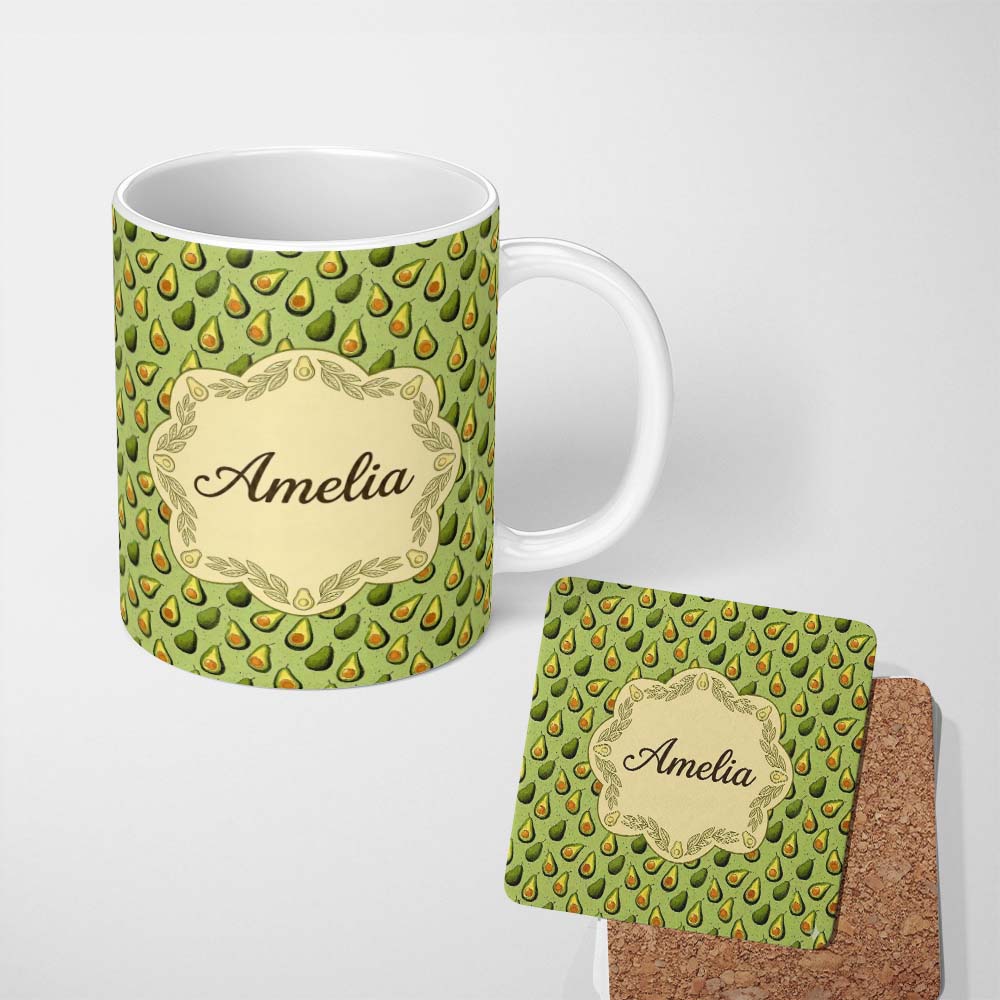 Personalized Custom Name Green Avocado Pear Seamless Pattern Textured Background Botanical 11oz Ceramic Coffee Tea Mug White Large Handle