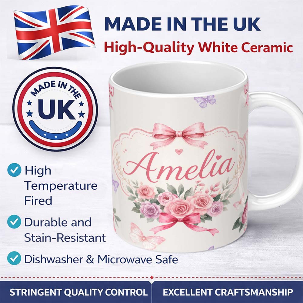 Personalized Custom Name Elegant Watercolor Rose Bouquet Ribbon Butterfly Soft Ivory Lovely 11oz Ceramic Coffee Tea Mug White Large Handle