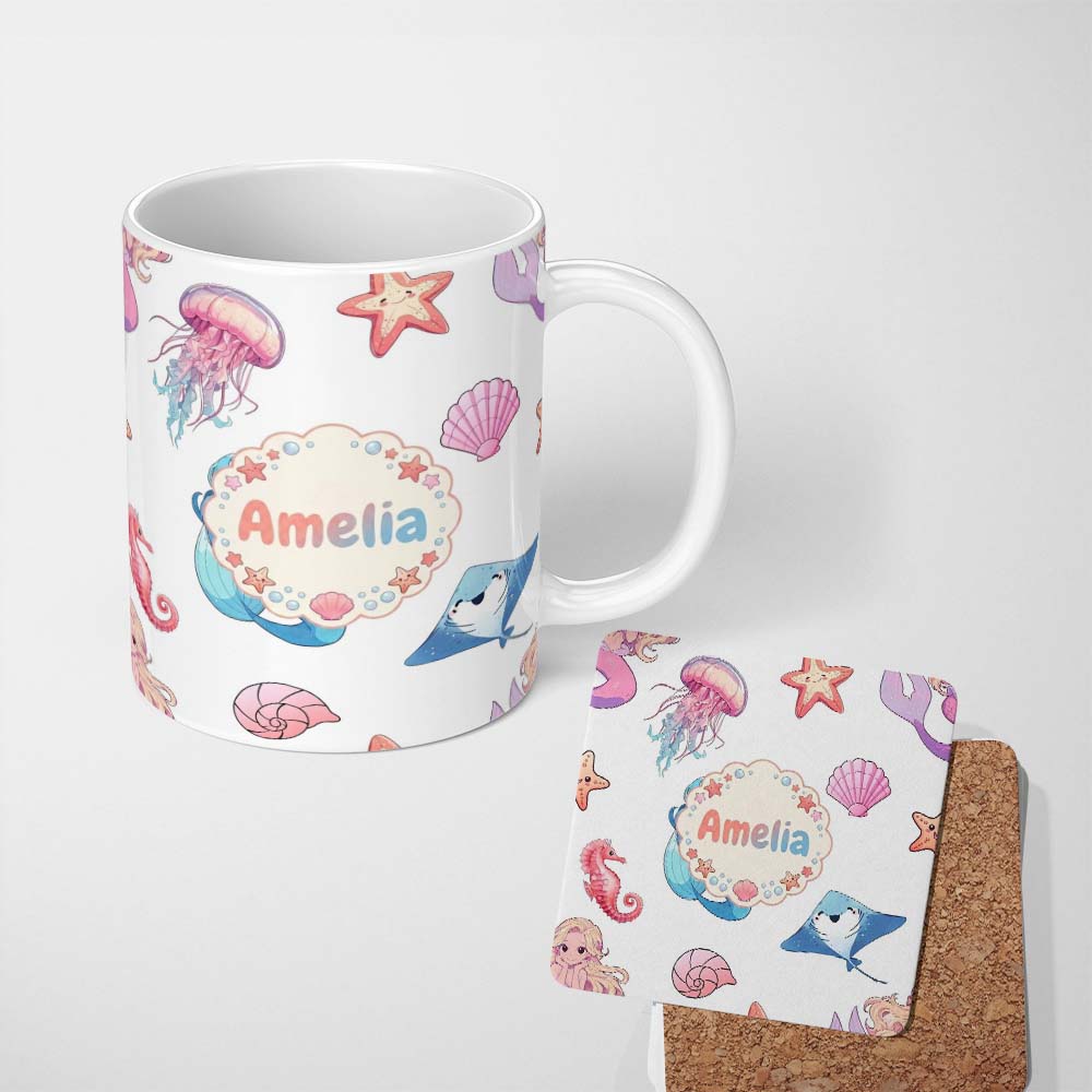 Personalized Custom Name Mermaid Ocean Friends Jellyfish Starfish Grey Background Lovely 11oz Ceramic Coffee Tea Mug White Large Handle