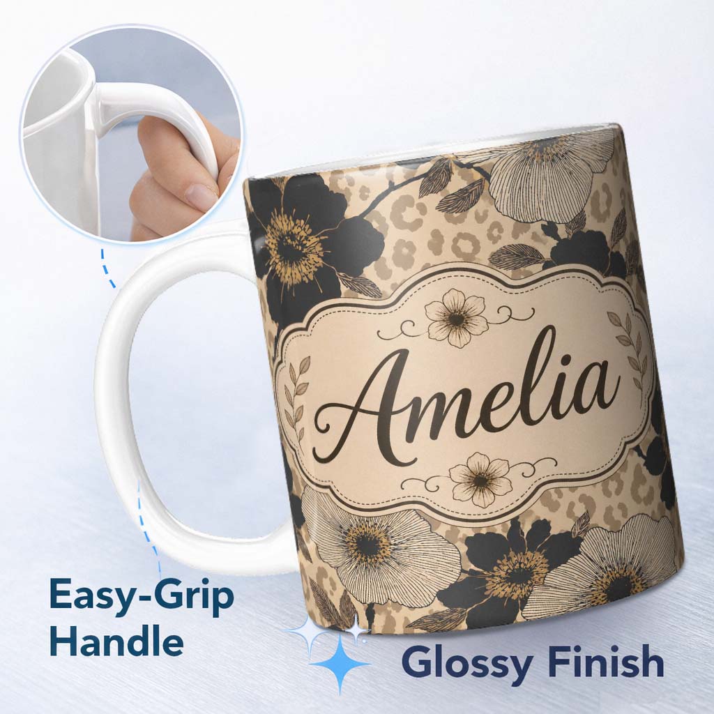 Personalized Custom Name Monochrome Floral with Large Flowers and Subtle Leopard Print Lovely 11oz Ceramic Coffee Tea Mug White Large Handle