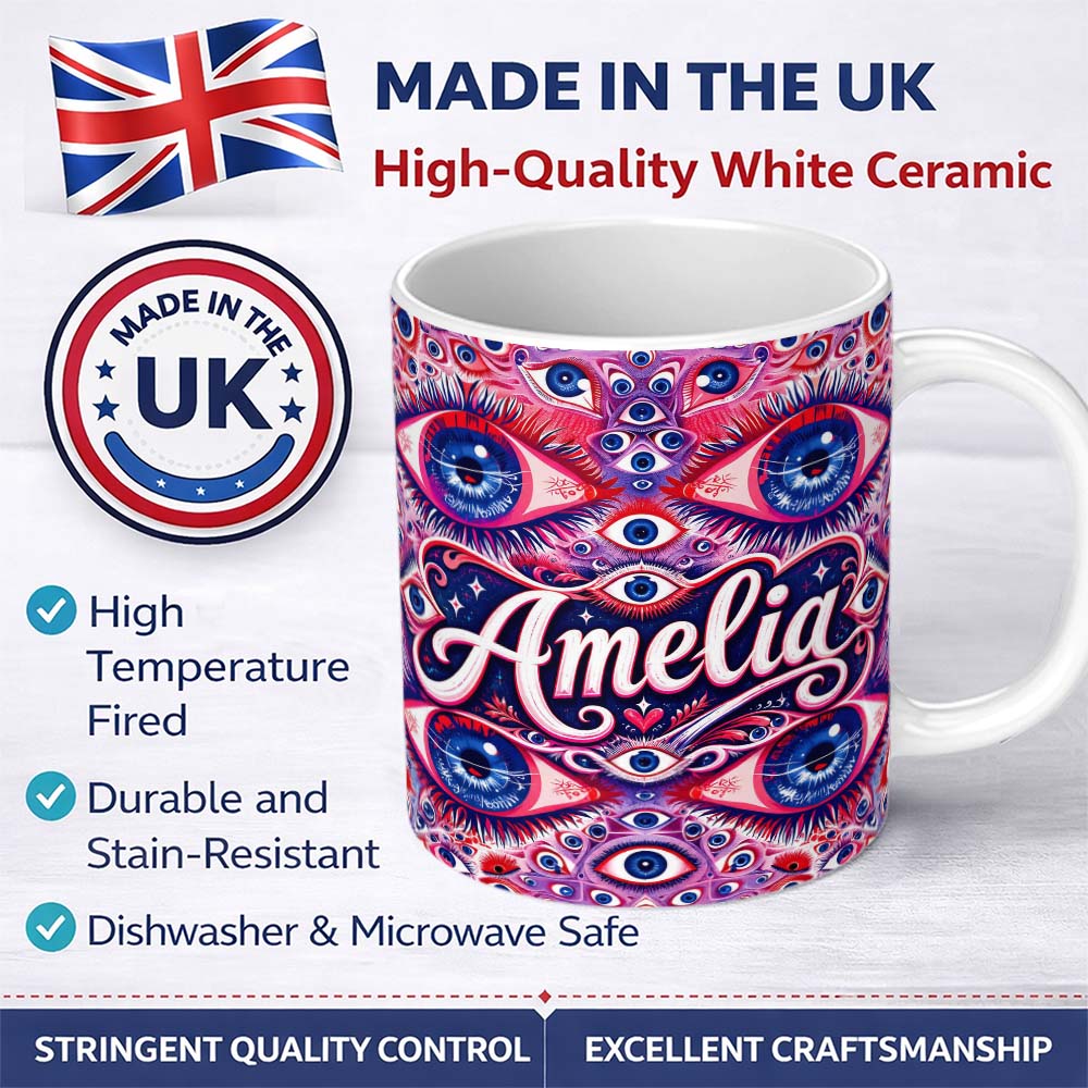 Personalized Custom Name Psychedelic Multiple Eyes Seamless Pattern Vibrant Surreal Repeating 11oz Ceramic Coffee Tea Mug White Large Handle