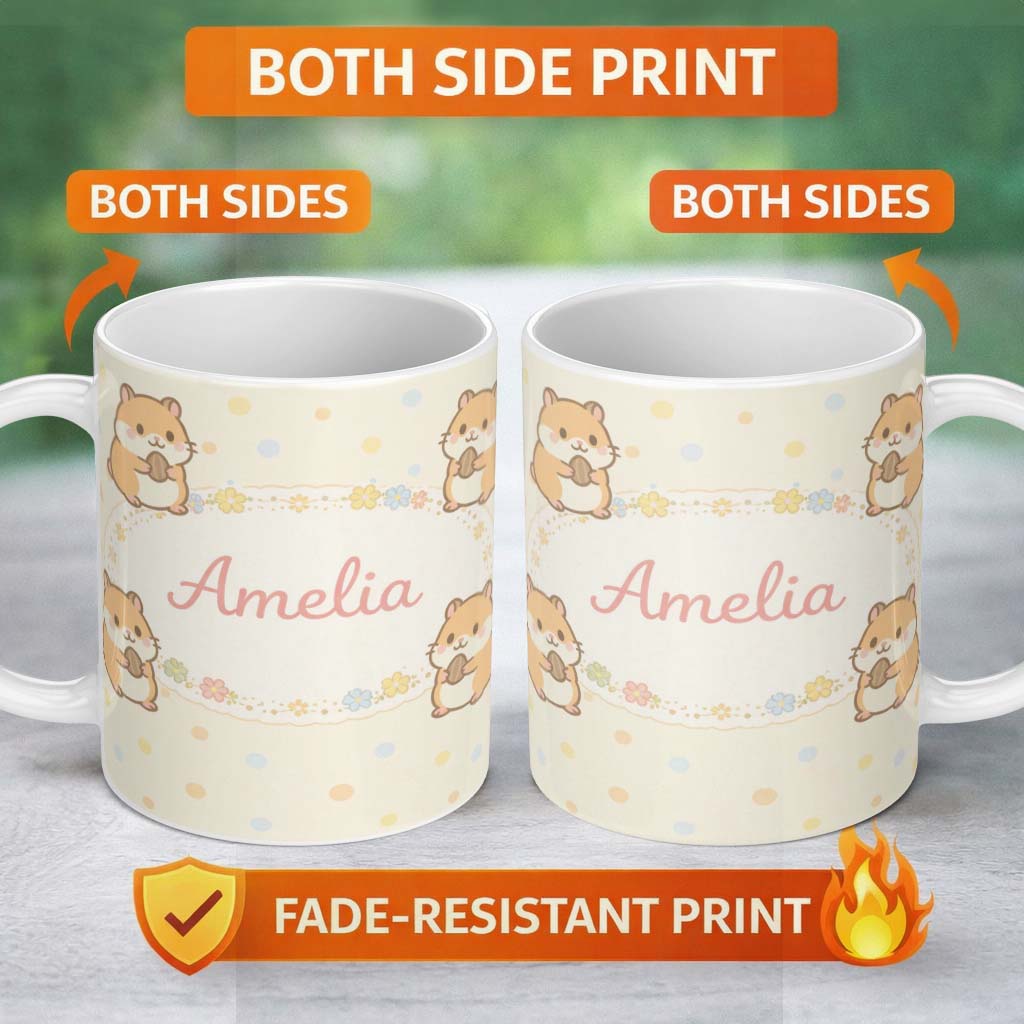 Personalized Custom Name Cute Hamster Cartoon Animal Pattern Perfect Gift for Her Lovely 11oz Ceramic Coffee Tea Mug White Large Handle