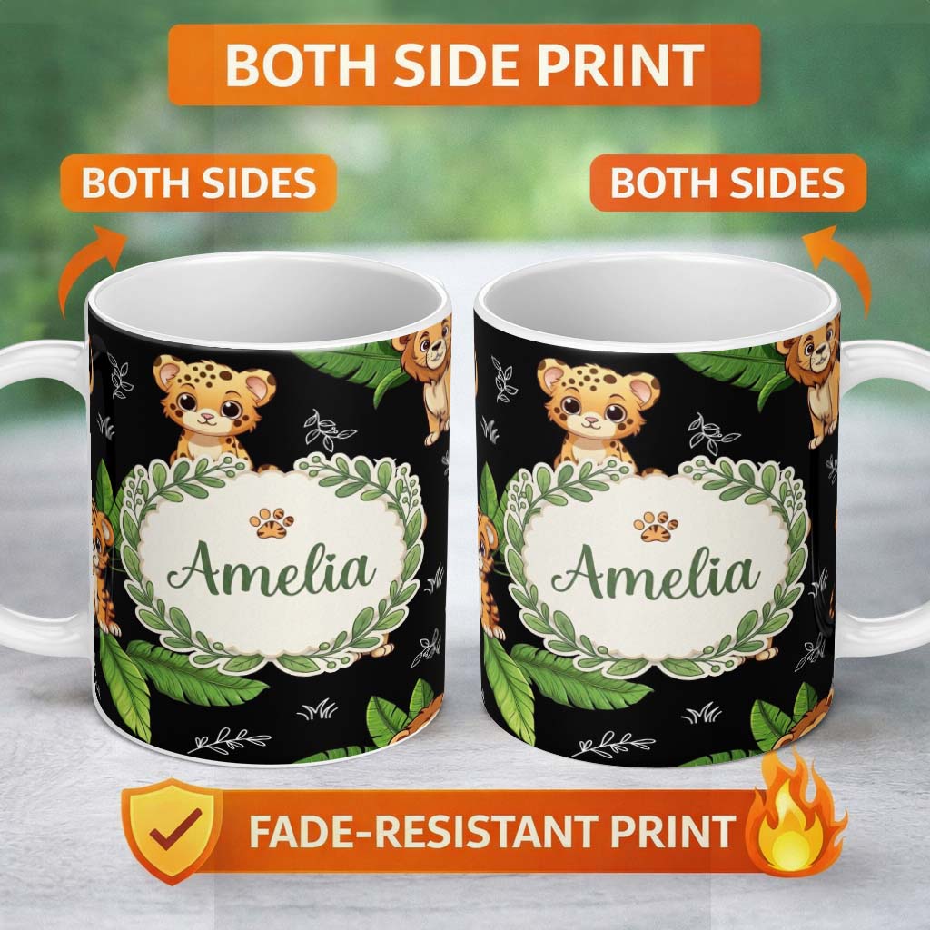 Personalized Custom Name Cute Jungle Animals Dark Background Seamless Pattern Lovely 11oz Ceramic Coffee Tea Mug White Large Handle