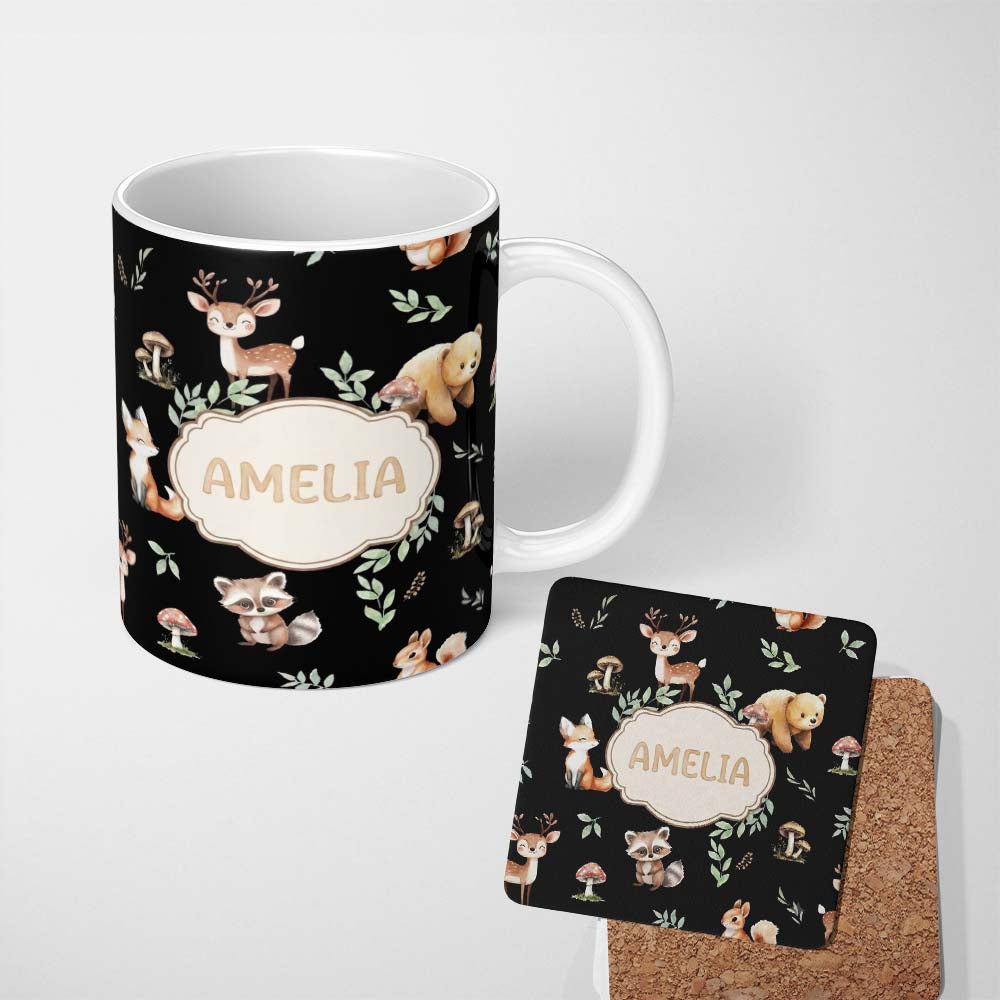 Personalized Custom Name Woodland Deer Bear Fox Owl Raccoon Leaves Mushrooms Black Seamless 11oz Ceramic Coffee Tea Mug White Large Handle