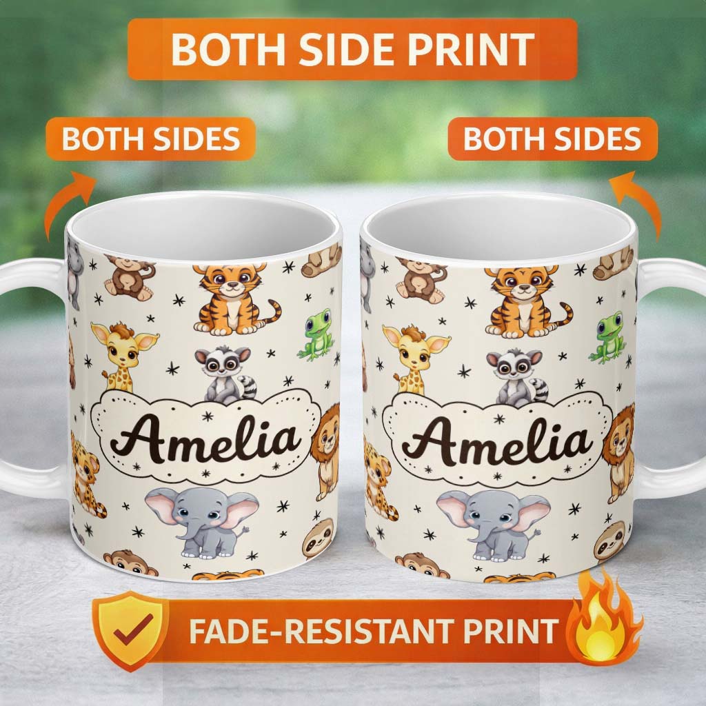 Personalized Custom Name Cute Cartoon Safari Animals with Stars on Beige Background Nursery 11oz Ceramic Coffee Tea Mug White Large Handle