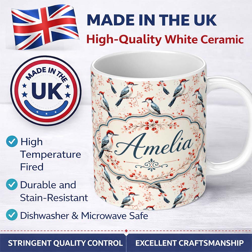 Personalized Custom Name Soft Watercolor Woodpecker Birds with Berry Branch Seamless Pattern 11oz Ceramic Coffee Tea Mug White Large Handle