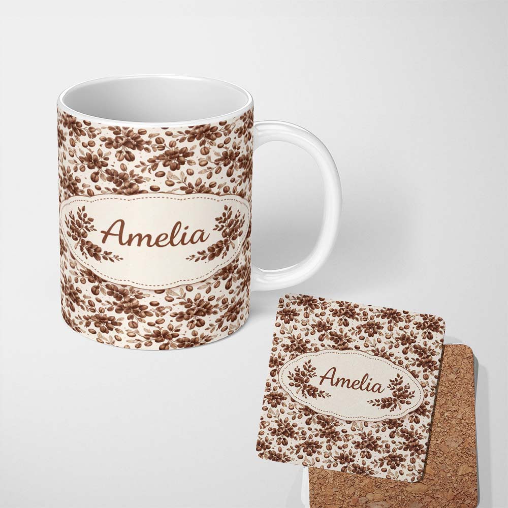 Personalized Custom Name Coffee Beans Rich Brown Dense Seamless Pattern Perfect Gift for Her 11oz Ceramic Coffee Tea Mug White Large Handle