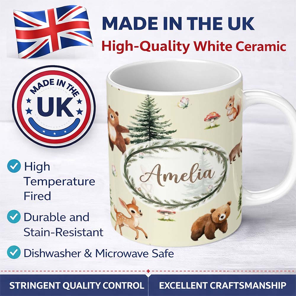 Personalized Custom Name Bear Bunny Squirrel Trees Mushrooms Butterfly Soft Cream Seamless 11oz Ceramic Coffee Tea Mug White Large Handle