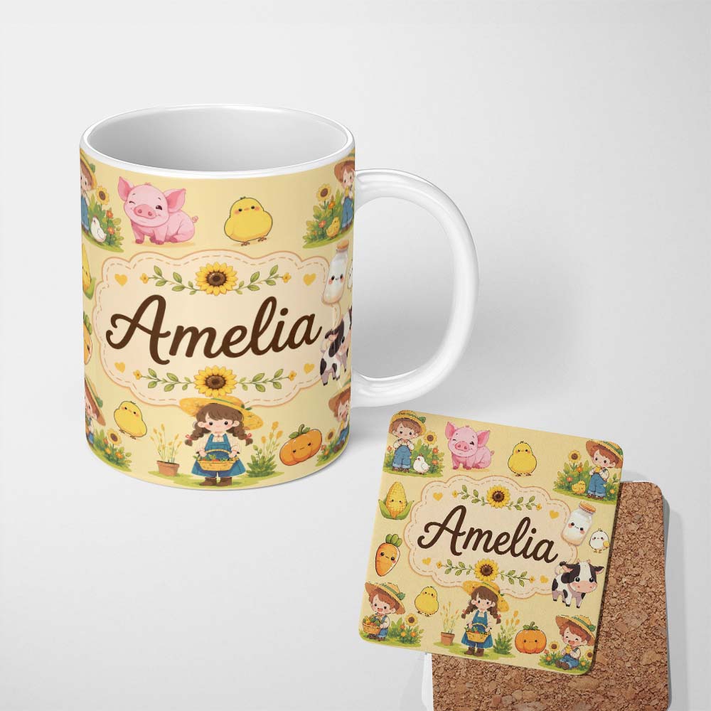 Personalized Custom Name Cute Farm Girl Animals Harvest Seamless Pattern Yellow Background 11oz Ceramic Coffee Tea Mug White Large Handle