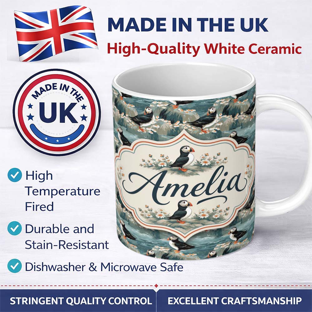 Personalized Custom Name Coastal Puffin Birds on Rocky Shore with Flowers Seamless Pattern 11oz Ceramic Coffee Tea Mug White Large Handle