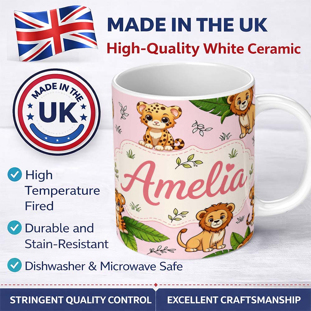 Personalized Custom Name Cute Jungle Animals Lion Tiger Leopard Tropical Leaves Blush Pink 11oz Ceramic Coffee Tea Mug White Large Handle