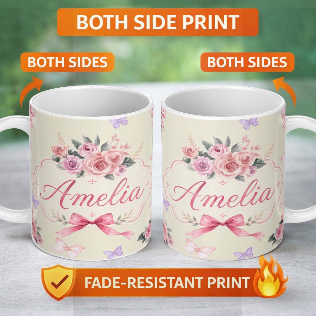 Personalized Custom Name Elegant Watercolor Rose Bouquet Ribbon Butterfly Warm Cream Lovely 11oz Ceramic Coffee Tea Mug White Large Handle