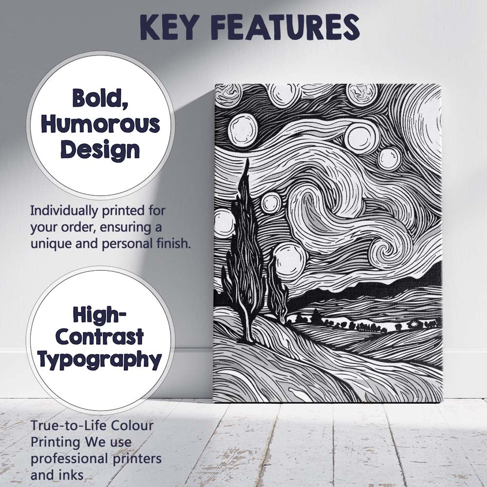 Black White Woodcut Style Starry Night Landscape Canvas Wall Art Print Decor Picture Ready to Hang