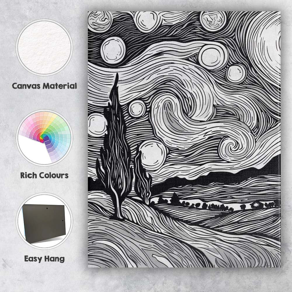 Black White Woodcut Style Starry Night Landscape Canvas Wall Art Print Decor Picture Ready to Hang