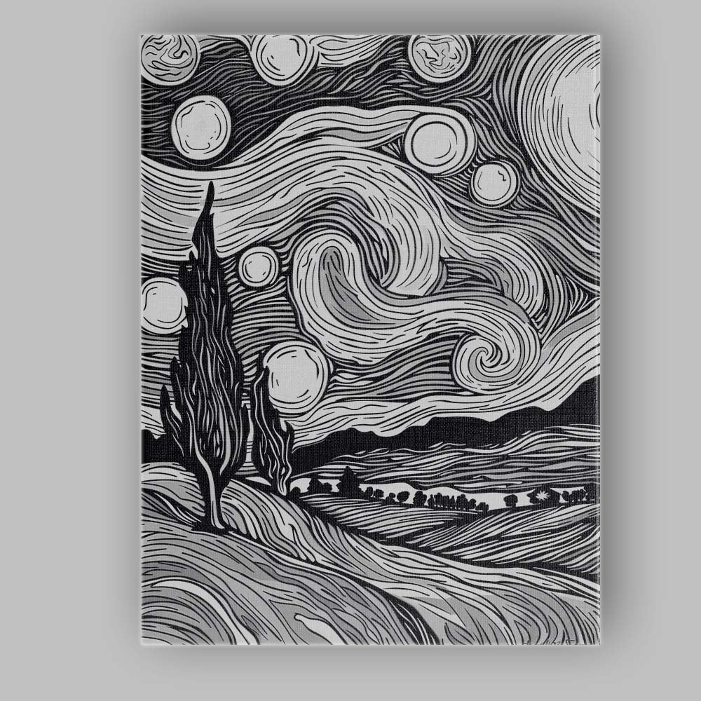 Black White Woodcut Style Starry Night Landscape Canvas Wall Art Print Decor Picture Ready to Hang