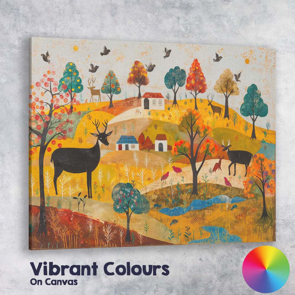 Whimsical Autumn Woodland Deer Folk Art Landscape Canvas Wall Art Print Decor Picture Ready to Hang