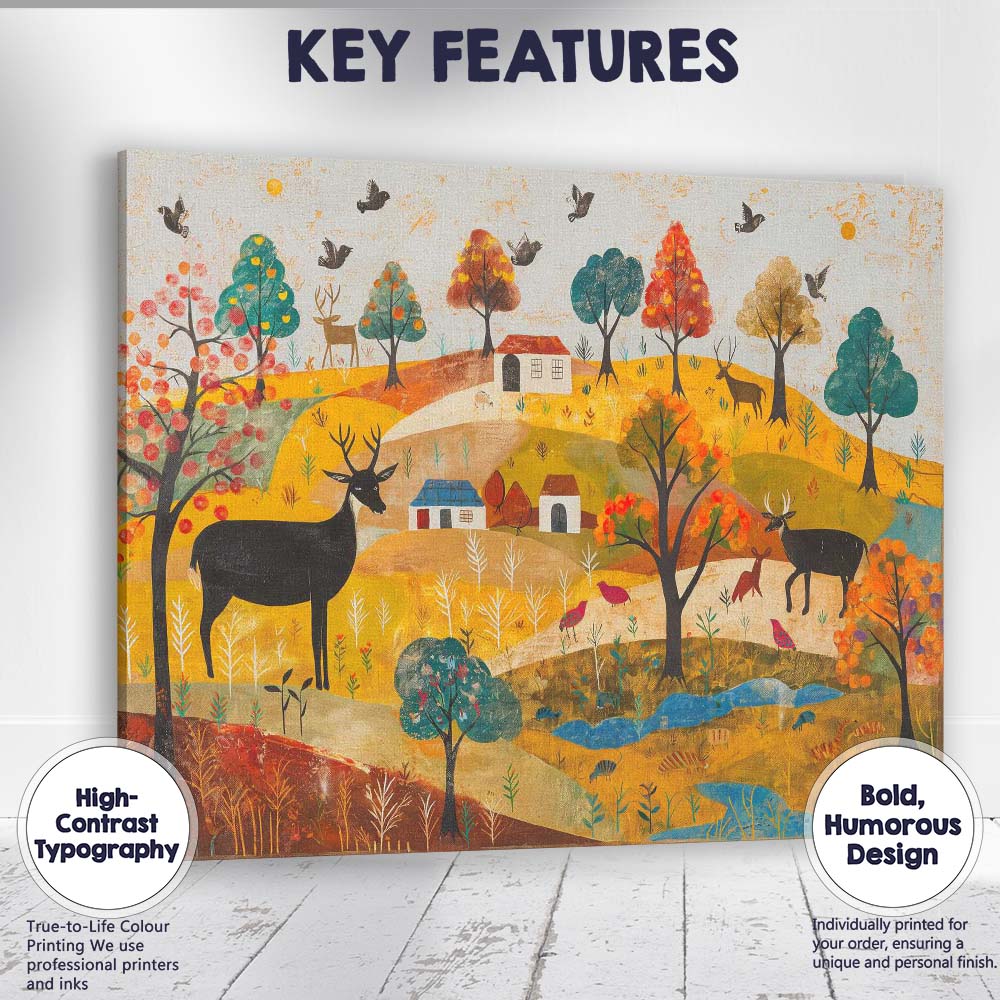 Whimsical Autumn Woodland Deer Folk Art Landscape Canvas Wall Art Print Decor Picture Ready to Hang