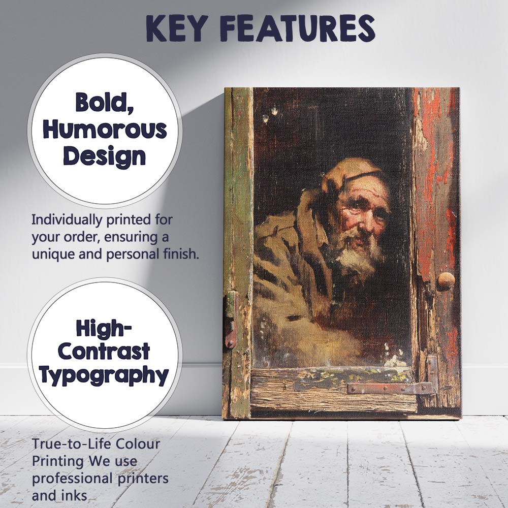 Rustic Elderly Bearded Man Window Portrait Painting Canvas Wall Art Print Decor Picture Ready to Hang